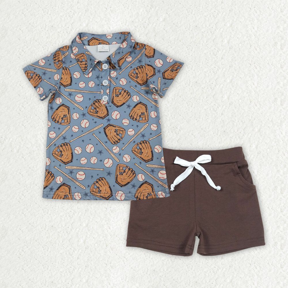 RTS Baby Boys Kids Short Sleeves Baseball Stars Buttons Shirt Brown Pockets Shorts Clothes Set