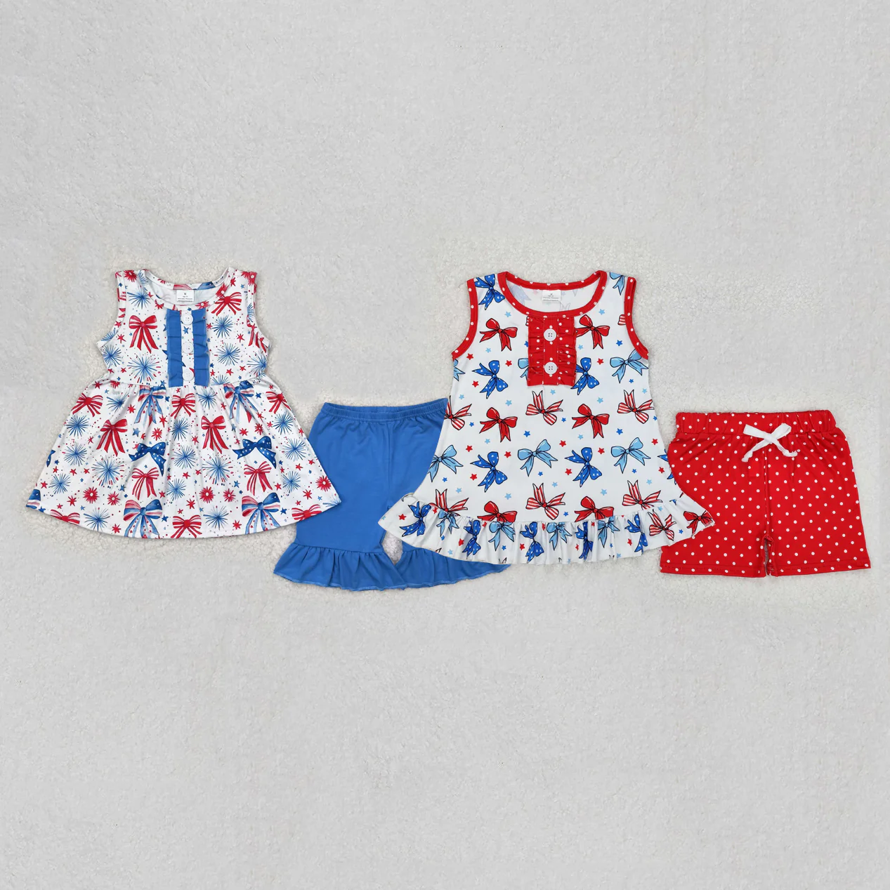 RTS NO MOQ Summer Sibling Baby Girls 4th Of July Sleeveless Bows Tunic Shorts Sets