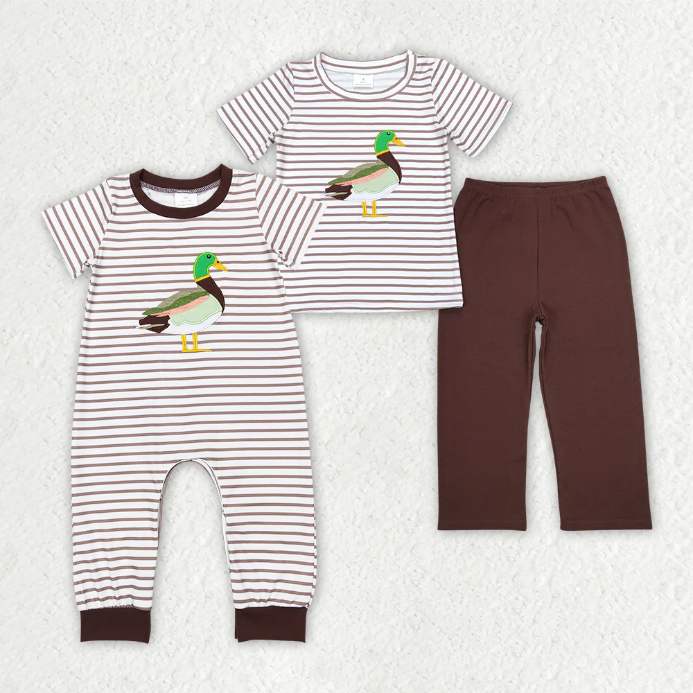 RTS NO MOQ Summer Sibling Baby Boys Duck Brown Embroidery Short Sleeve Stripe Romper Outfits