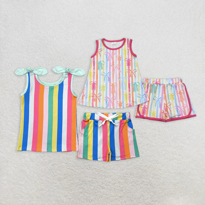 RTS NO MOQ Summer Sibling Baby Girls Sleeveless Colorful Stripe Bows Top Shorts Sets