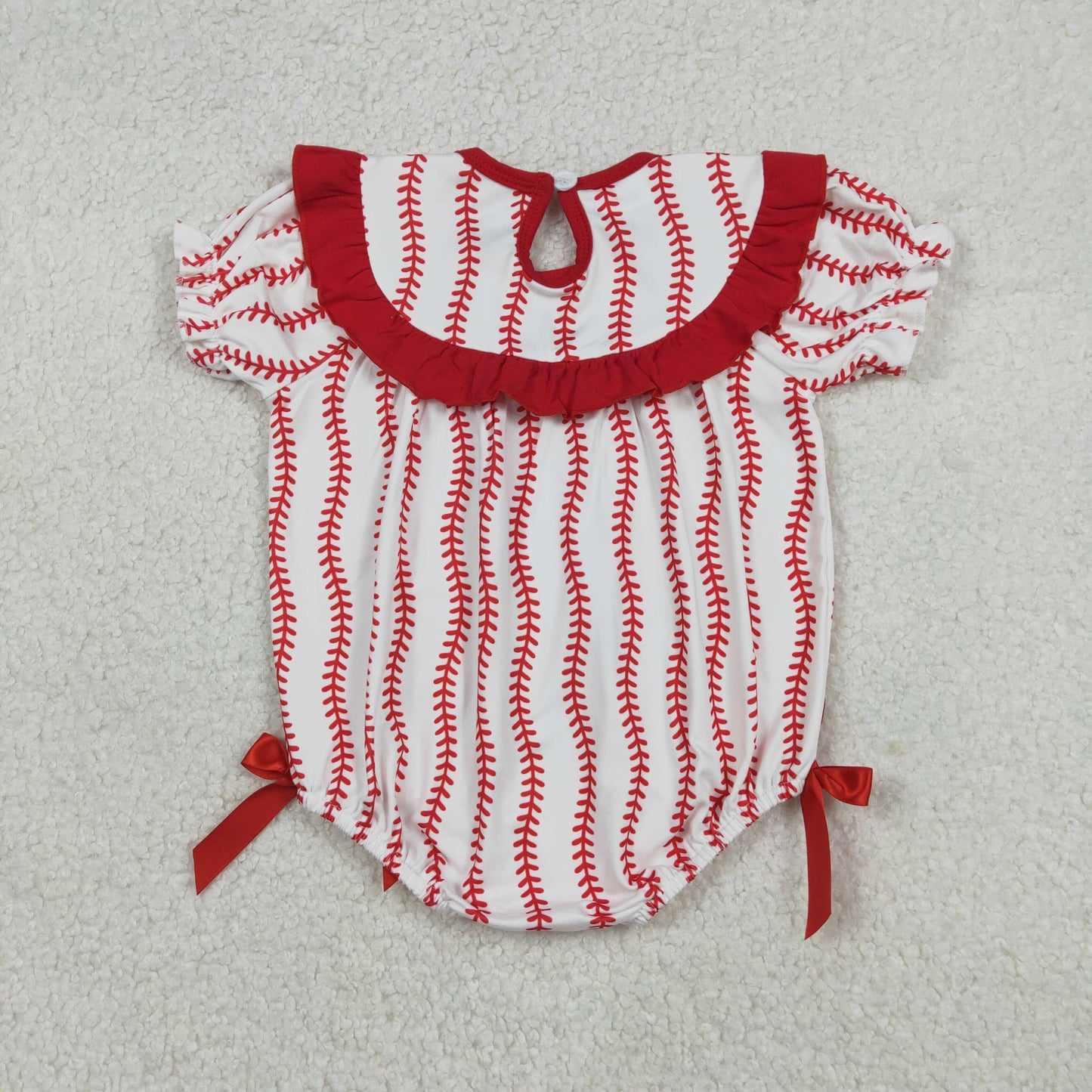 RTS Baby Girls Short Sleeves Embroidery Bows Baseball Team Red Ruffle Smocked Bubble Romper