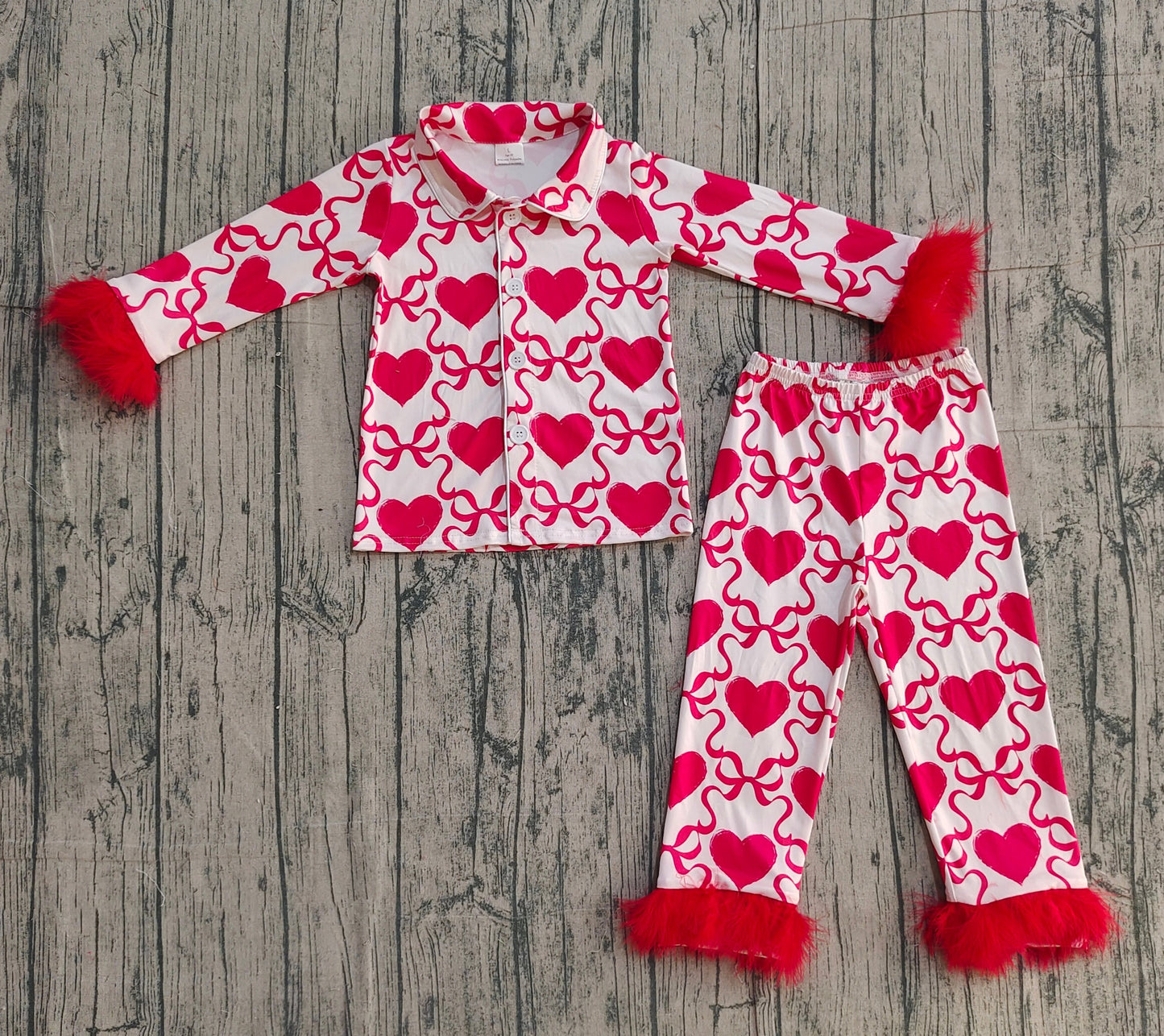 RTS Baby Girls Red Fur Long Sleeves Hearts Bows Buttons Shirt Pants Valentine Set Pajamas