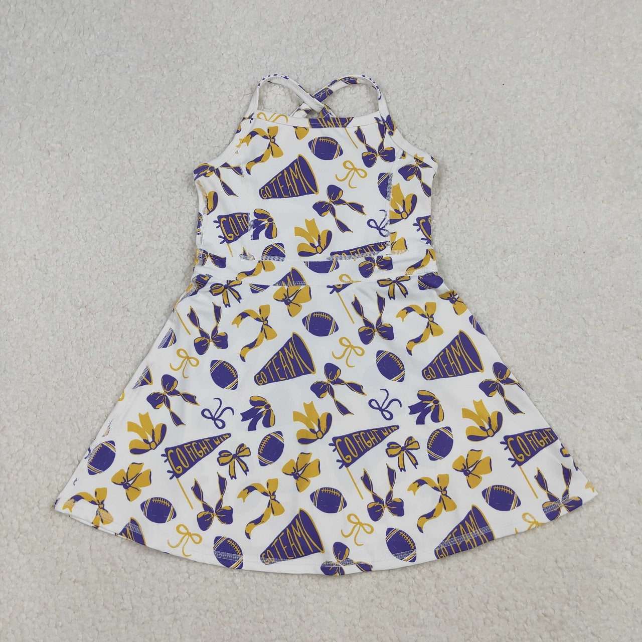 RTS Sibling Baby Girl Kids Cheer Purple Bows Football Team Zipper Romper Dress Set