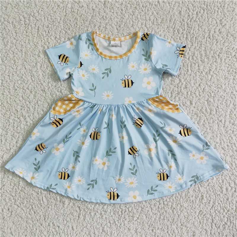 8.7 RTS NO MOQ Summer Baby Girls Dresses GSD0021 Short sleeve bee knee length pocket dresses