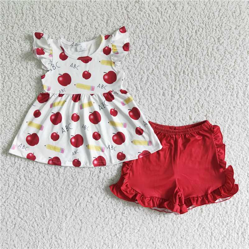 RTS NO MOQ Baby Girls Summer Sets GSSO0121 Apple pencil ABC Back To School Shorts Sets