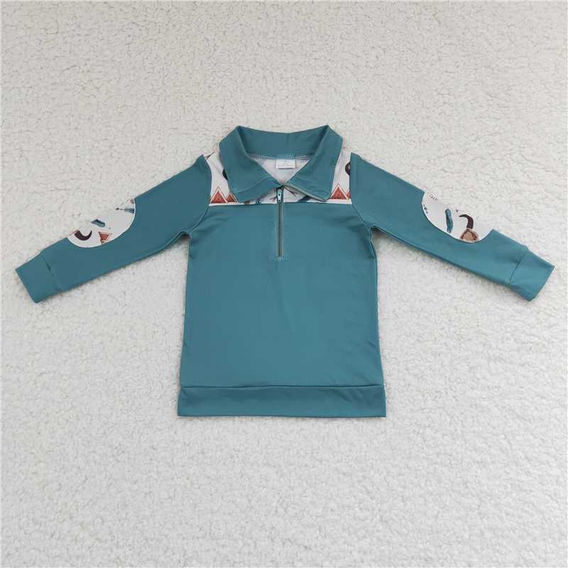7.21 RTS NO MOQ Baby Boys Long Sleeve BT0105 Western Cow Skull Long Sleeve Pullovers Tops