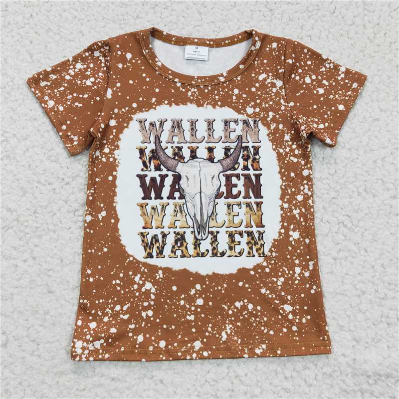 7.25 RTS NO MOQ Summer Baby Girls Short Sleeve GT0115 Cow Skull Brown Bleached T-shirts Tops
