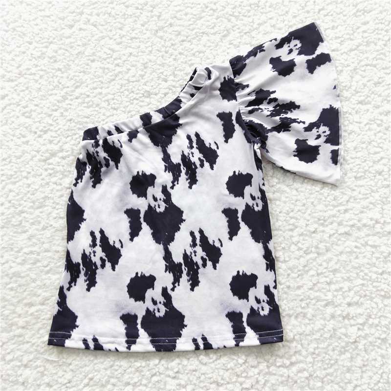 7.24 RTS NO MOQ Summer Baby Girls Short Sleeve GT0168 Cow Western One Shoulder Shirts Tops