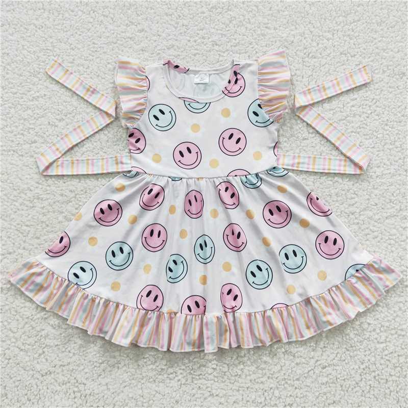 8.2 RTS NO MOQ Summer Baby Girls Dresses GSD0407 Smile Belts Knee Length Dresses