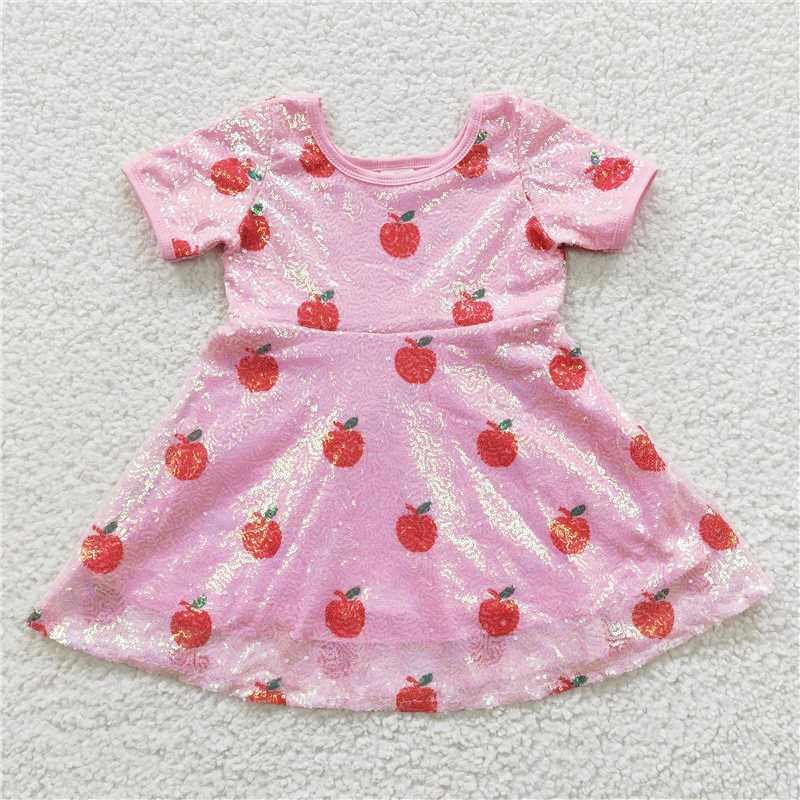 8.2 RTS NO MOQ Summer Baby Girls Dresses GSD0437 Back To School Apple Sequin Knee Length Dresses