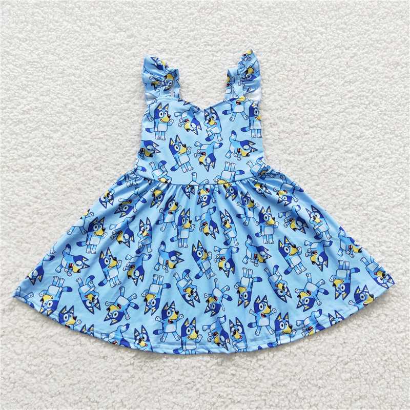 8.2 RTS NO MOQ Summer Baby Girls Dresses GSD0421 Blue Dogs Knee Length Ruffle Dresses