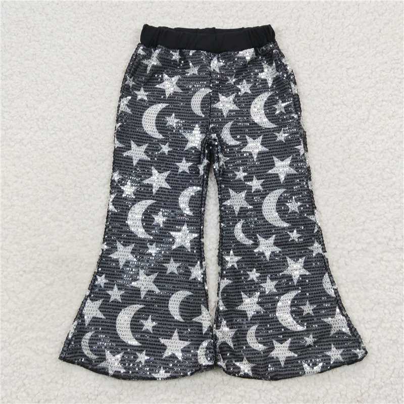 5.23 RTS NO MOQ Baby Girls Long Pants P0245 Black Moon Stars Bell Bottom Pants