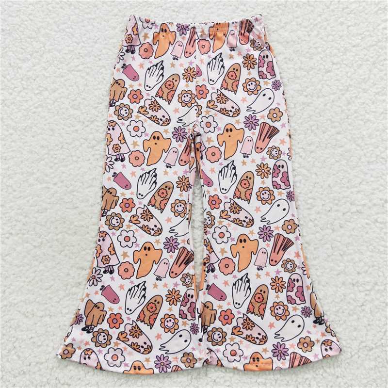 5.23 RTS NO MOQ Baby Girls Long Pants P0201 Halloween Ghost Floral Bell Bottom Pants