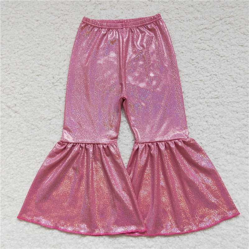 5.23 RTS NO MOQ Baby Girls Long Pants P0180 Dark Pink Holographic Spandex Bell Bottom Pants