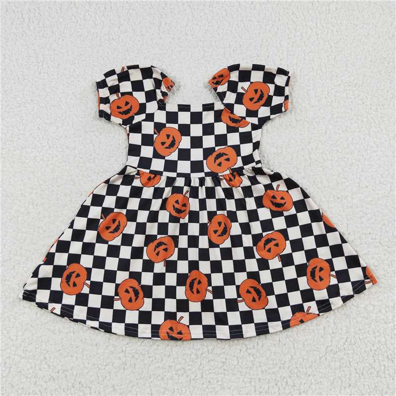8.2 RTS NO MOQ Summer Baby Girls Dresses GLD0302 Halloween Plaid Checkered Pumpkin Dresses