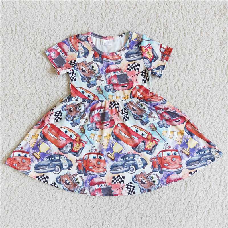 8.7 RTS NO MOQ Summer Baby Girls Dresses D3-2 Short sleeve car print twirl dresses