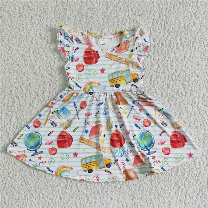 8.6 RTS NO MOQ Summer Baby Girls Dresses GSD0085 Flutter sleeve back to school dresses
