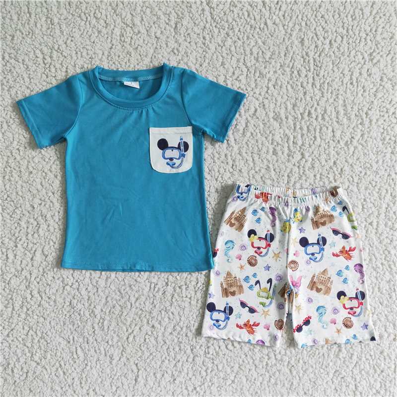 8.12 RTS NO MOQ Baby Boys kids Summer Sets BSSO0038 Blue shirt cute print pocket shorts sets