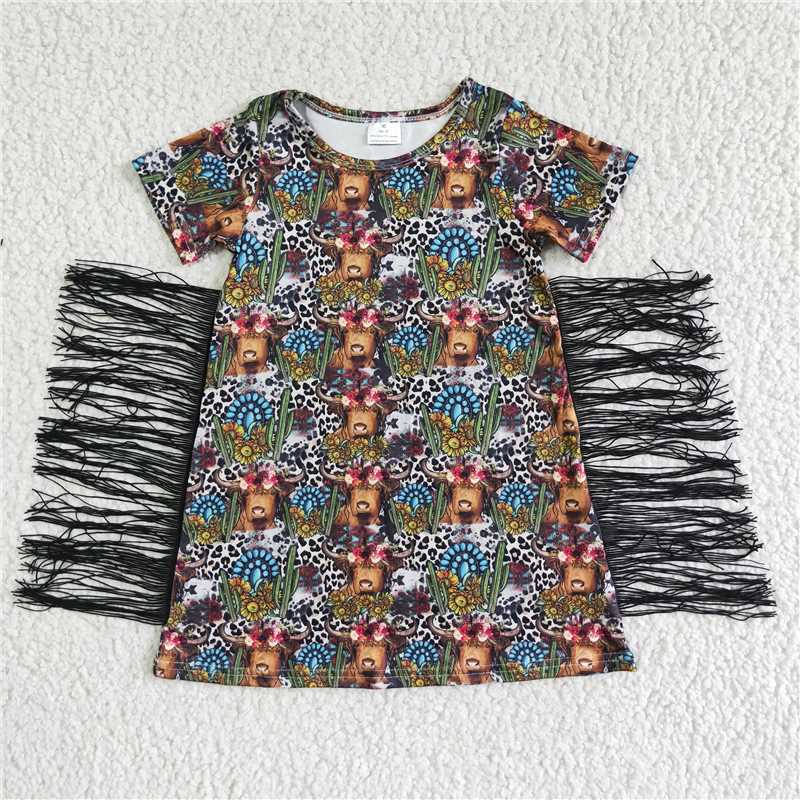 8.6 RTS NO MOQ Summer Baby Girls Dresses BT0007 Leopard cow shorts sleeve western tassel dresses