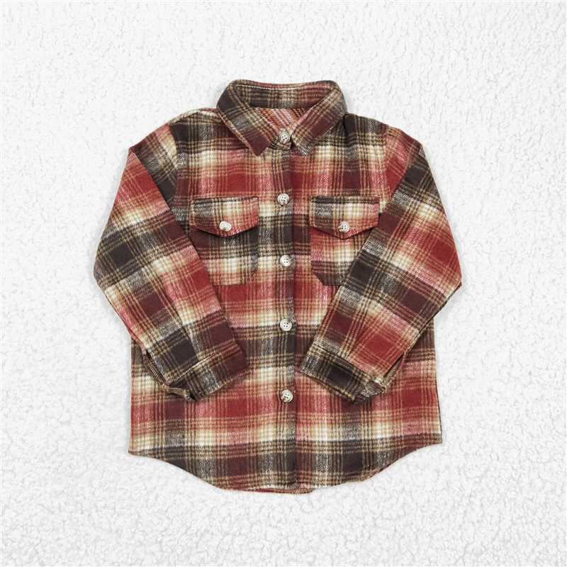 7.10 RTS NO MOQ Baby Boys Long Sleeve BT0191 Red Brown Plaid Cotton Pocket Flannel Button Up Shirt