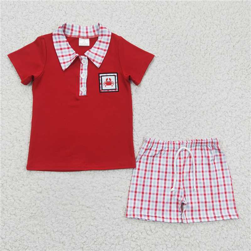 8.11 RTS NO MOQ Baby Boys kids Summer Sets BSSO0106 Embroidery Crab Red Rompers Clothes Sets