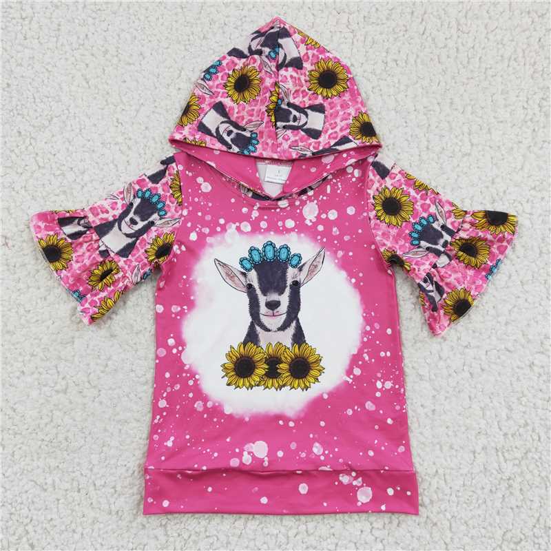 7.25 RTS NO MOQ Summer Baby Girls Short Sleeve GT0096 Hot Pink Cow Hoodie Short Sleeve Shirts Tops