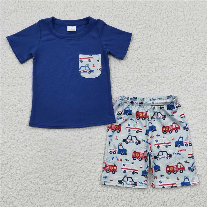 8.11 RTS NO MOQ Baby Boys kids Summer Sets BSSO0121 Firetrucks Blue Pockets Shorts Sets