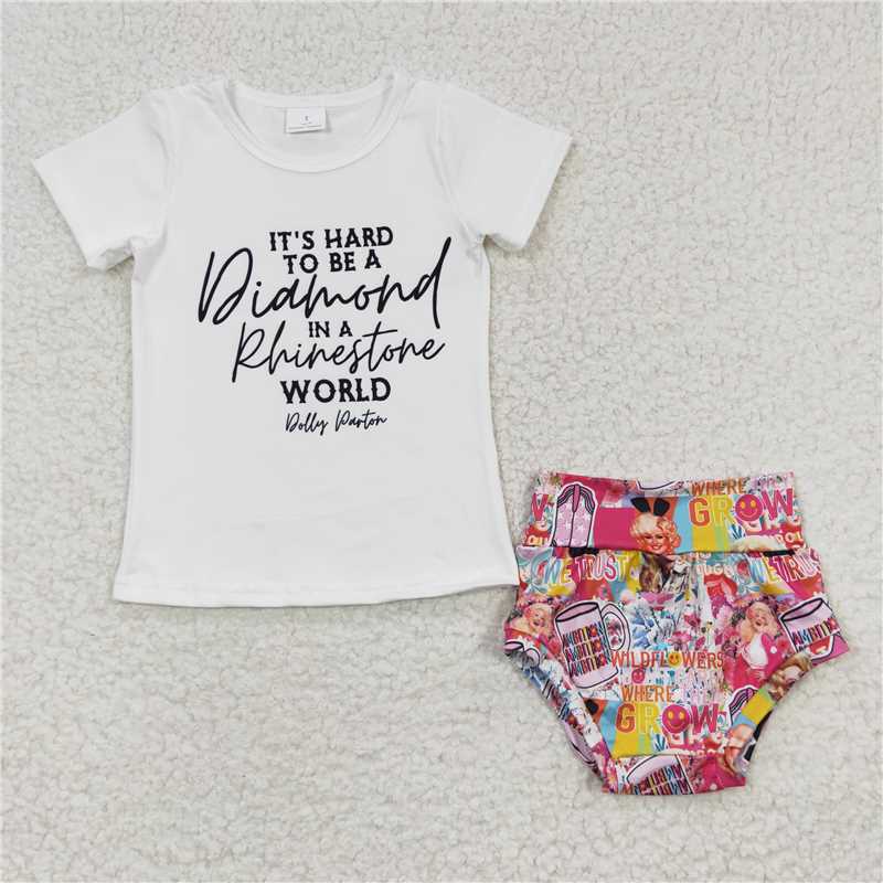 5.24 RTS NO MOQ Baby Girls Summer Outifts GBO0081 Rhinestone World Shirt Pink Bummie Sets
