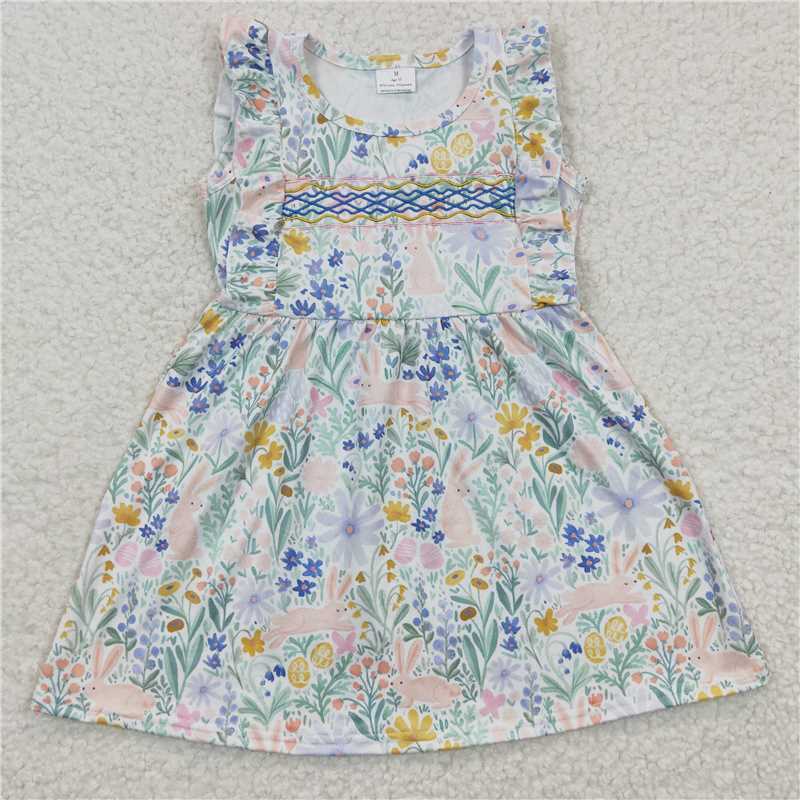 8.4 RTS NO MOQ Summer Baby Girls Dresses GSD0272 Green Flower Easter Rabbit Short Sleeve Knee Length Dresses