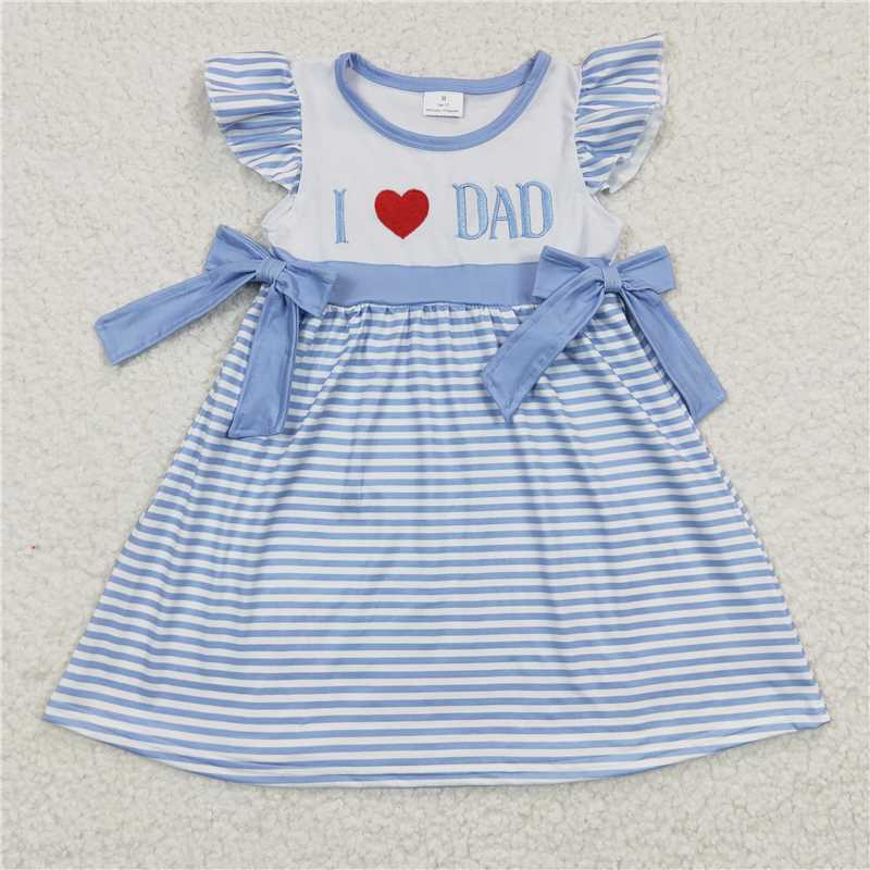 8.4 RTS NO MOQ Summer Baby Girls Dresses GSD0256 I love Dad Embroidery Stripe Bows Dresses