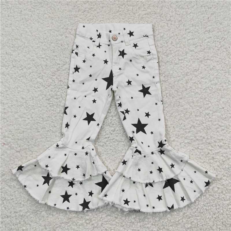 6.3 RTS NO MOQ Baby Girls Pants P0068 White Star Ruffle Denim Bell Pants