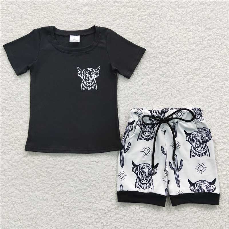 8.9 RTS NO MOQ Baby Boys kids Summer Sets BSSO0209 Western Cow Black Short Sleeve Tee Shirts Shorts Sets