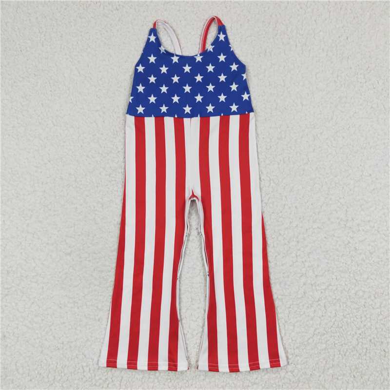 6.25 RTS NO MOQ Summer Baby Girls Bodysuit SR0256 Star July 4th Strap Bell Bottom Jumpsuits