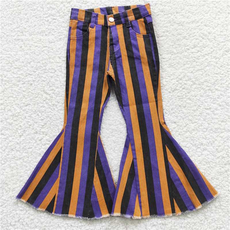 RTS NO MOQ Baby Girls Pants P0157 Halloween Orange Purple Stripes Denim Bell Pants