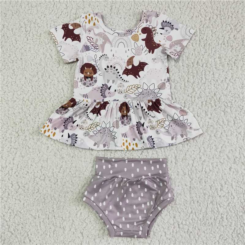 5.24 RTS NO MOQ Baby Girls Summer Outifts GBO0031 Dinosaur Peplum Bummie Sets