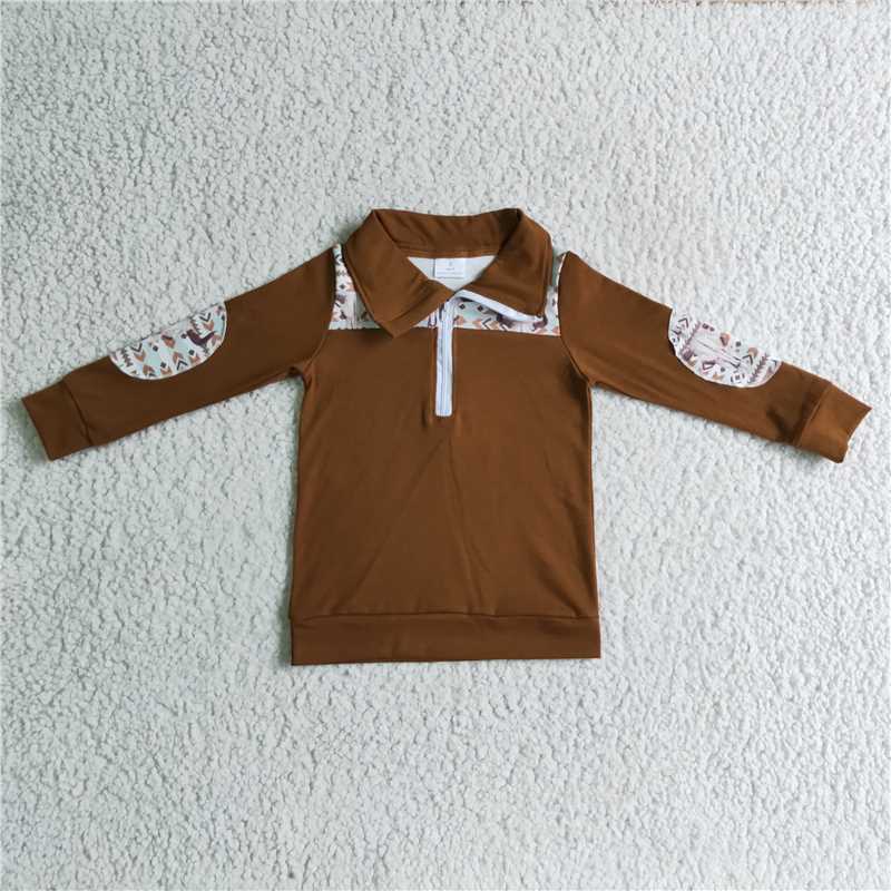 8.8 RTS NO MOQ Baby Boys Long Sleeve BT0087 Western brown cow skull pullover tops