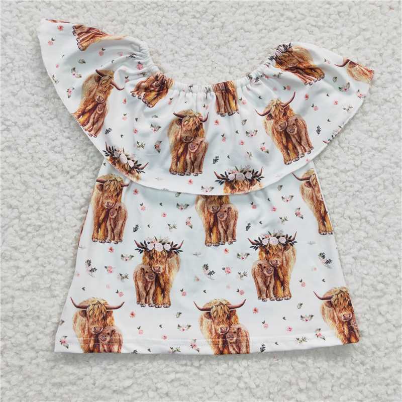 7.25 RTS NO MOQ Summer Baby Girls Short Sleeve GT0147 Highland Cow Off Shoulder Western Shirts Tops