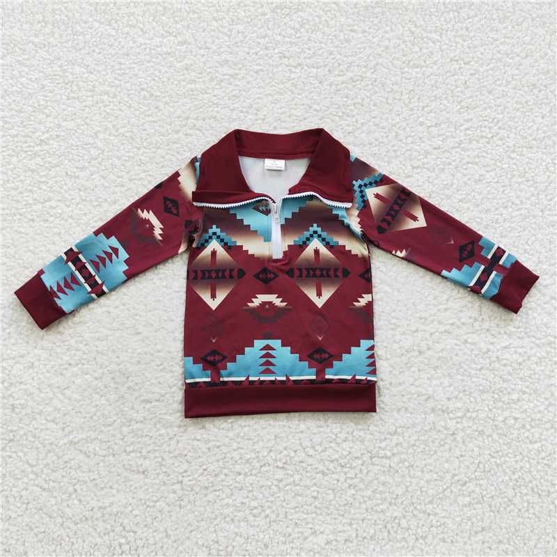 7.10 RTS NO MOQ Baby Boys Long Sleeve BT0228 Brown Blue Aztec Long Sleeve Pullover Tops