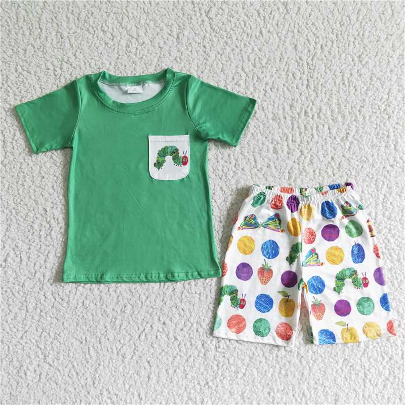 8.11 RTS NO MOQ Baby Boys kids Summer Sets BSSO0064 Green worm pocket shorts sets