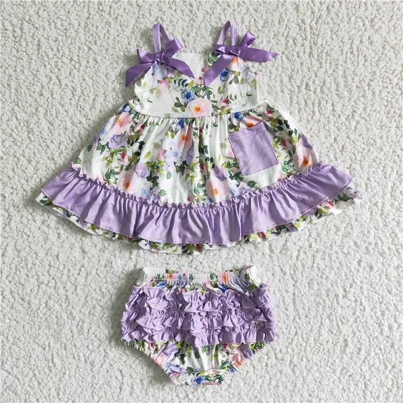 5.24 RTS NO MOQ Baby Girls Summer Outifts GBO0038 Floral Purple Swing Bummie Sets
