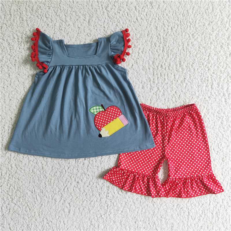 RTS NO MOQ Baby Girls Summer Sets GSSO0120 Embroidery Apple Pencil Back To School Shorts Sets
