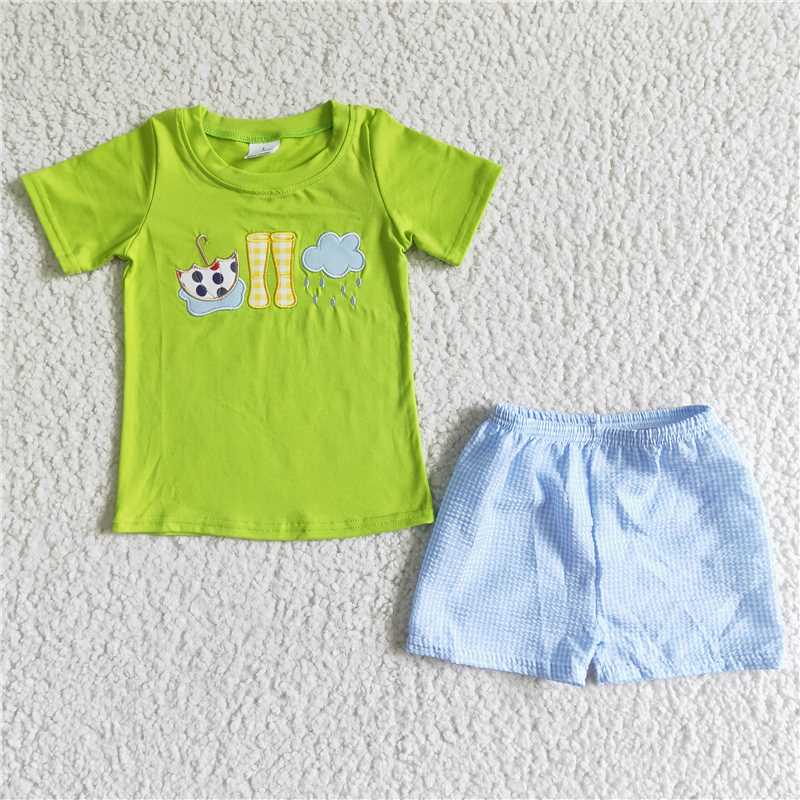 8.11 RTS NO MOQ Baby Boys kids Summer Sets BSSO0082 Blue umbrella rain boots summer shorts sets
