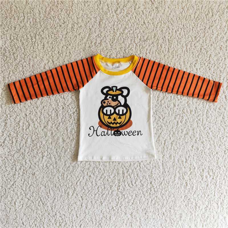 7.21 RTS NO MOQ Baby Boys Long Sleeve BT0054 Halloween Pumpkin Orange Stripe Shirts