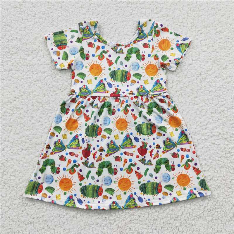 8.4 RTS NO MOQ Summer Baby Girls Dresses GSD0224 Worm Cartoon Knee Length Dresses