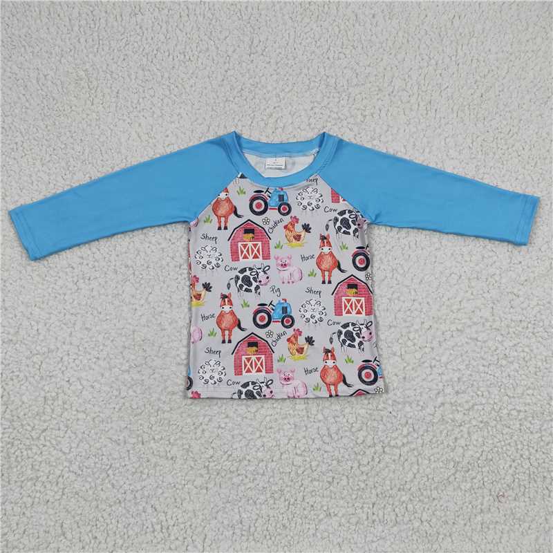 7.21 RTS NO MOQ Baby Boys Long Sleeve BT0110 Cow Chicken Farm Long Sleeve T-Shirts Tops