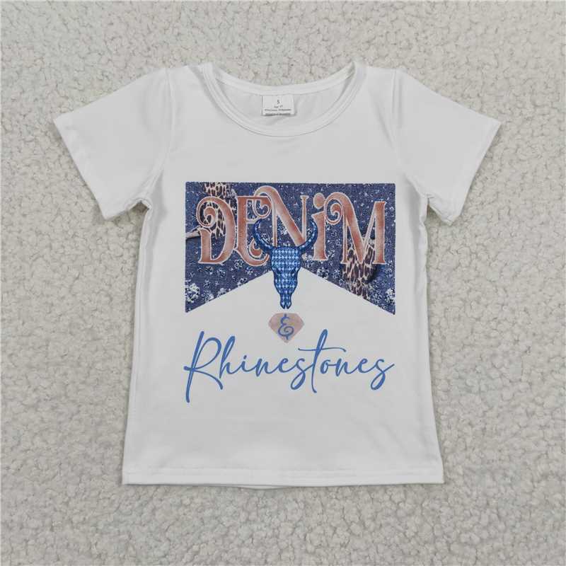 7.25 RTS NO MOQ Summer Baby Girls Short Sleeve GT0133 Baby Girls Denim Rhinestone short Sleeve Shirts Tops