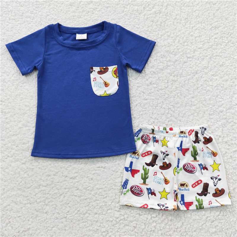 8.9 RTS NO MOQ Baby Boys kids Summer Sets BSSO0225 Western Texas Pocket Tee Shirts shorts sets