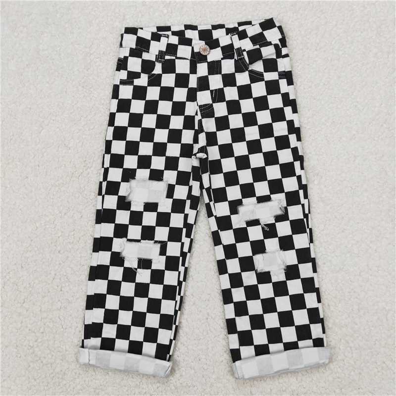 RTS NO MOQ Baby Girls Pants P0122 Black Check Denim Cool Pants