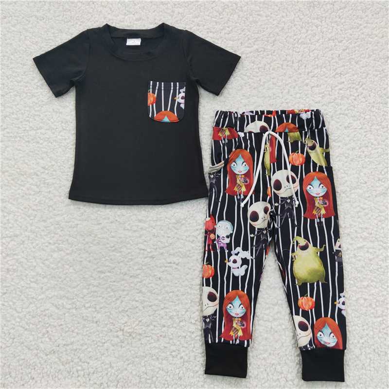 7.19 RTS NO MOQ Baby Boys Summer Sets BSPO0105 Halloween Pocket Ghost Tee Shirt Pants Cloth
