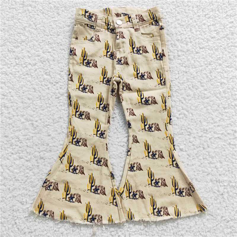 RTS NO MOQ Baby Girls Pants P0074 Cactus Horse Western Denim Bell Pants